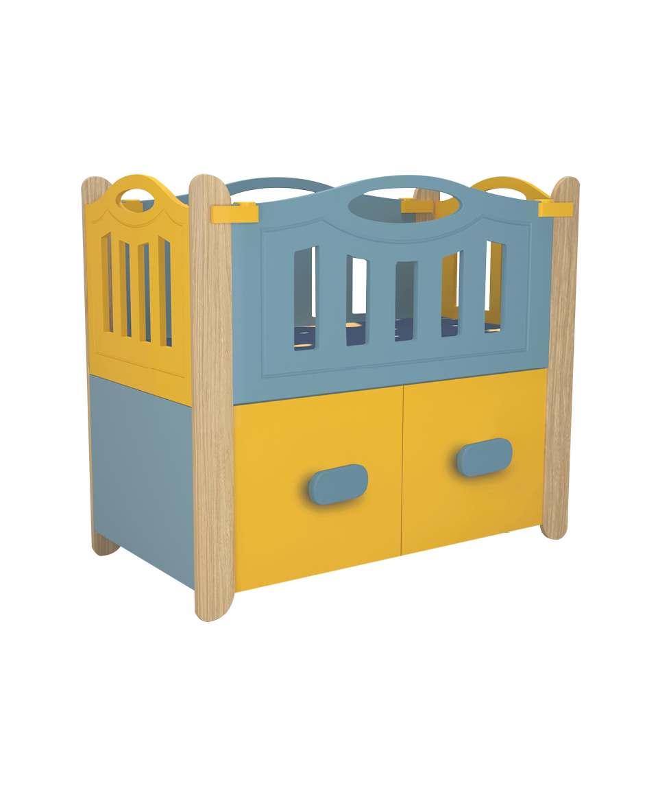 Toddler independent storage unit drawer holding colorful learning cards and crayons.
