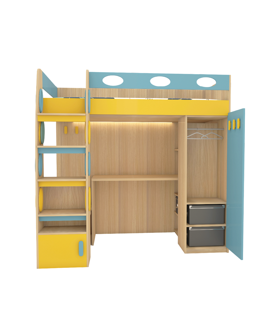 Space Multipurpose Climb Bed showing built-in study desk and secure stairs